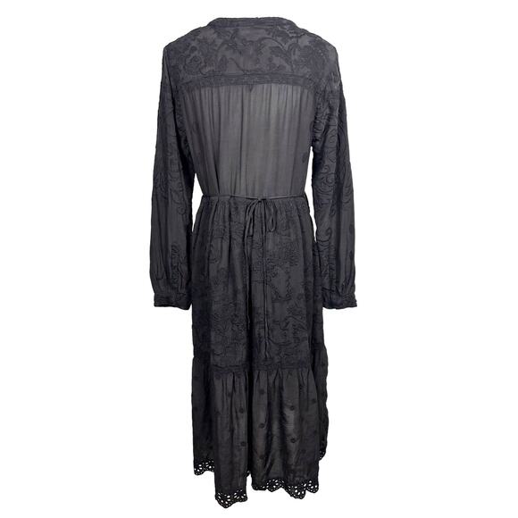 Johnny Was Embroidered Eyelet Midi Dress Size S Black Long Sleeve Ruffle NWOT - Picture 2 of 7